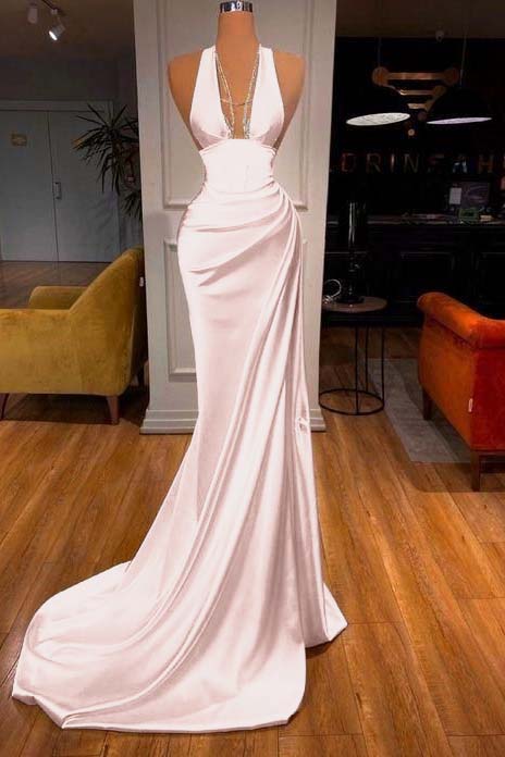 Halter Deep V Neck Sleeveless Mermaid Long Prom Dress Elegant With Ruffles