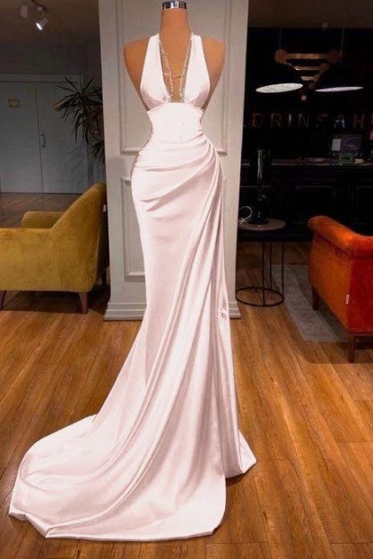 Halter Deep V Neck Sleeveless Mermaid Long Prom Dress Elegant With Ruffles