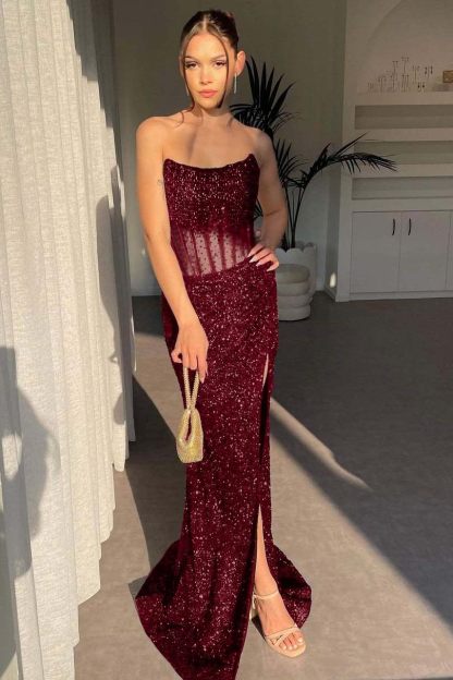 Strapless Sleeveless Mermaid Long Split Prom Dress With Sequins