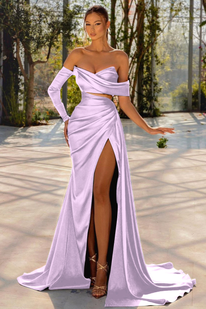 Long Off the Shoulder Prom Dress Dark Green One Sleeve Pleated