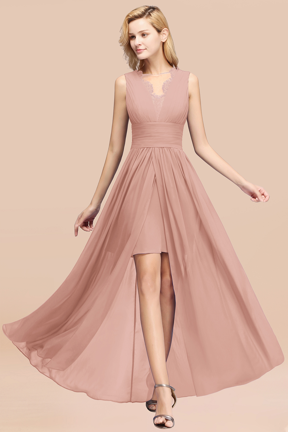 BMbridal Elegant Chiffon Lace Jewel Sleeveless Bridesmaid Dress with Ruffle-BMbridal