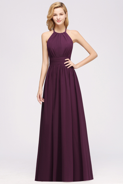 BMbridal Elegant High-Neck Halter Long Affordable Bridesmaid Dresses with Ruffles-BMbridal