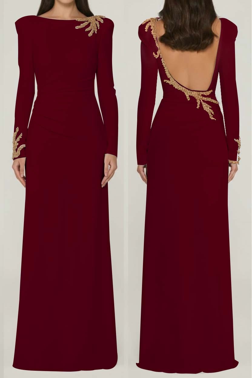 Long Sleeves Long Backless Prom Dress With Appliques Pleated