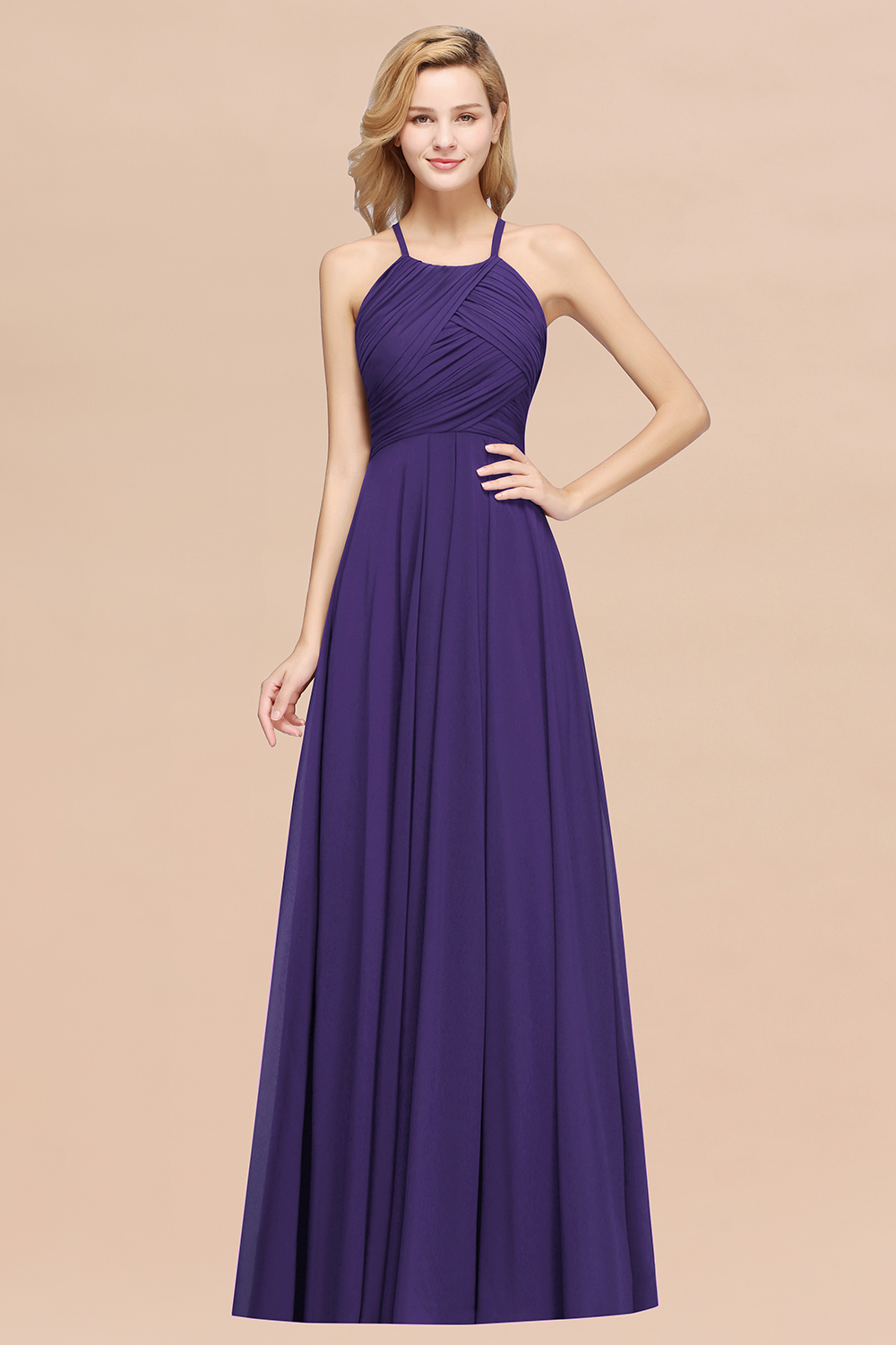 BMbridal Halter Crisscross Pleated Bridesmaid Dress Blue Chiffon Sleeveless Maid of Honor Dress-BMbridal