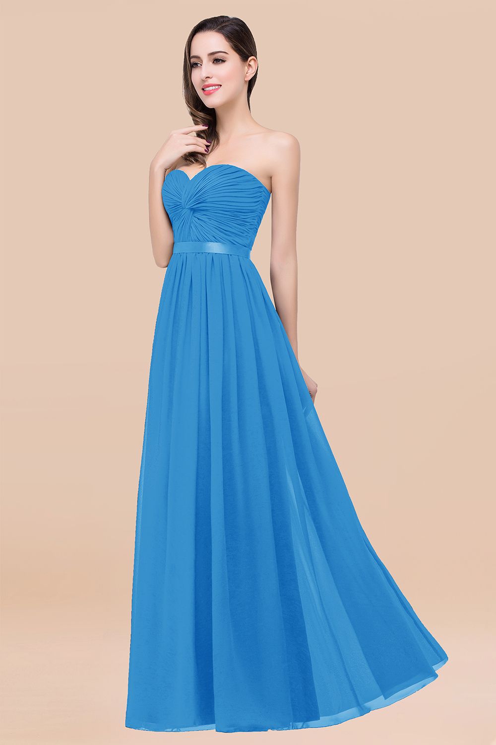 BMbridal Affordable Sweetheart Ruffle Navy Chiffon Bridesmaid Dress With Ribbon-BMbridal