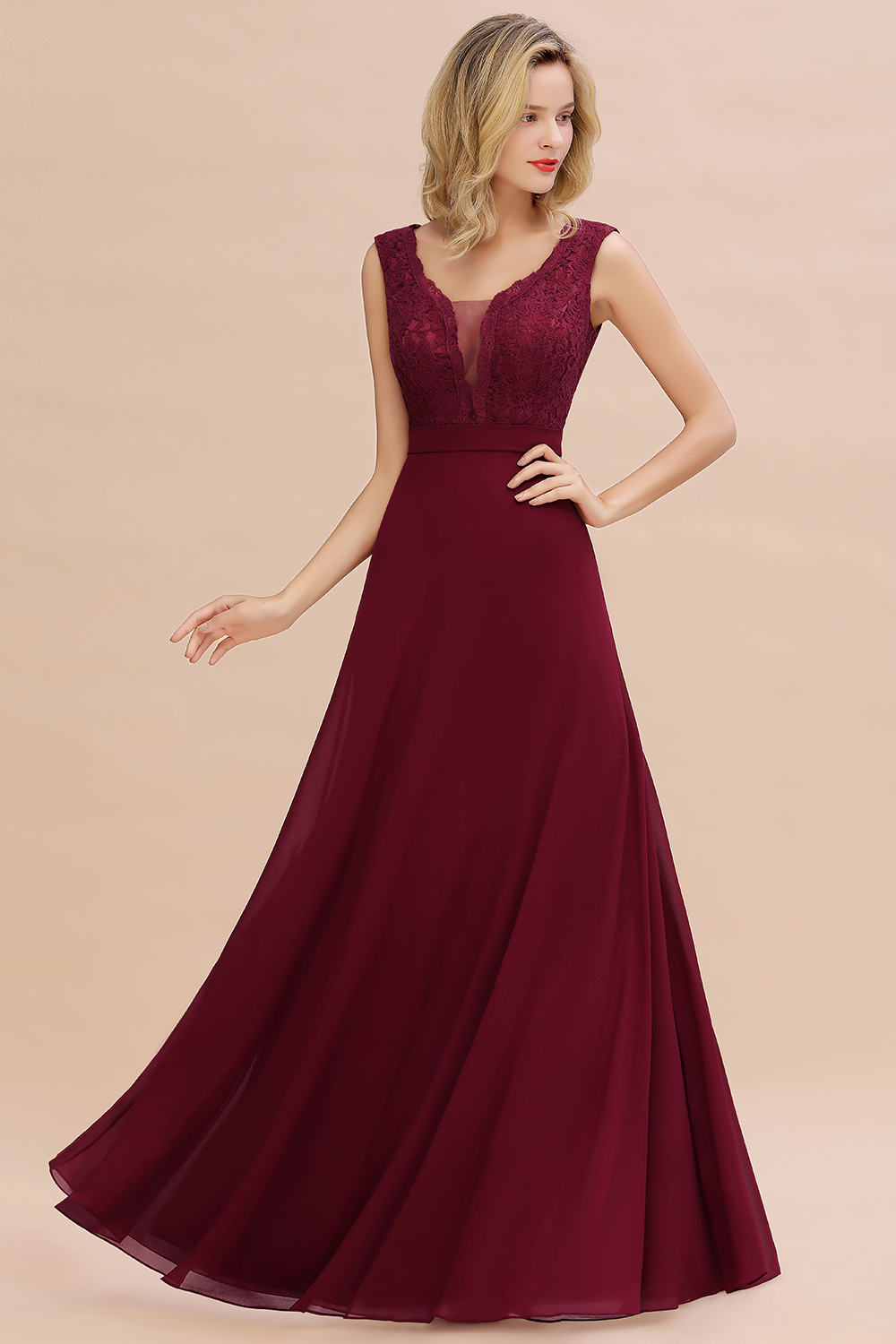 BMbridal Elegant Lace Deep V-Neck Burgundy Bridesmaid Dress Affordable-BMbridal