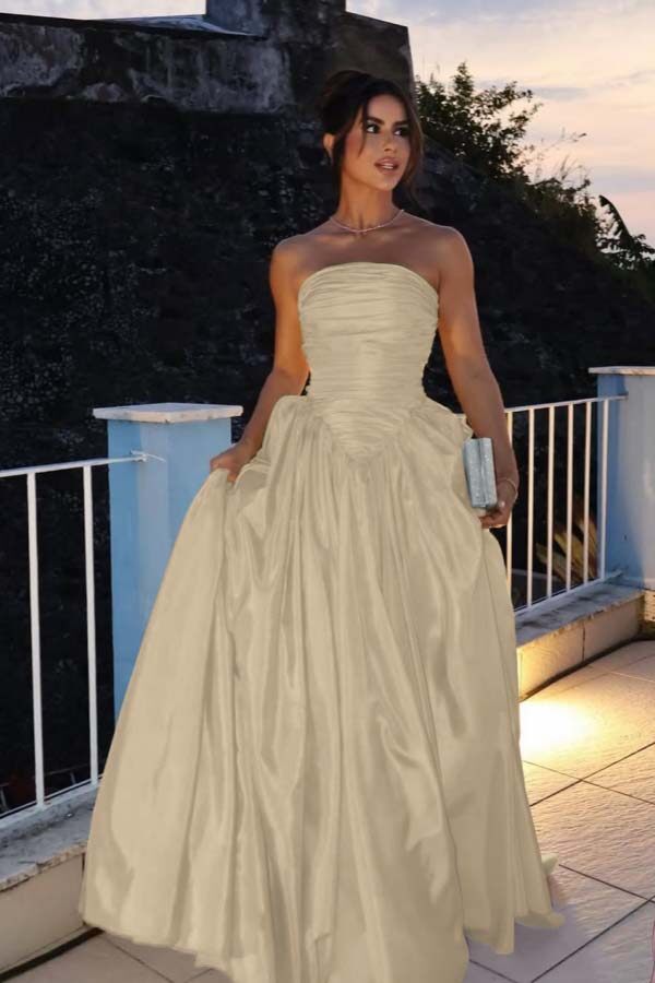 Glamorous Strapless Sleeveless Long Prom Dress With Pleated