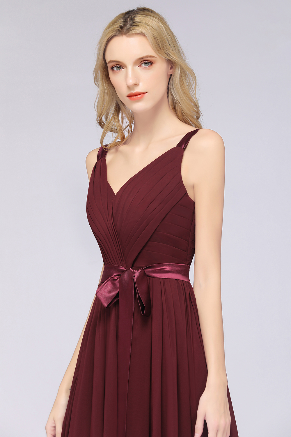 BMbridal Chic V-Neck Straps Ruffle Burgundy Bridesmaid Dresses with Bow Sash-BMbridal