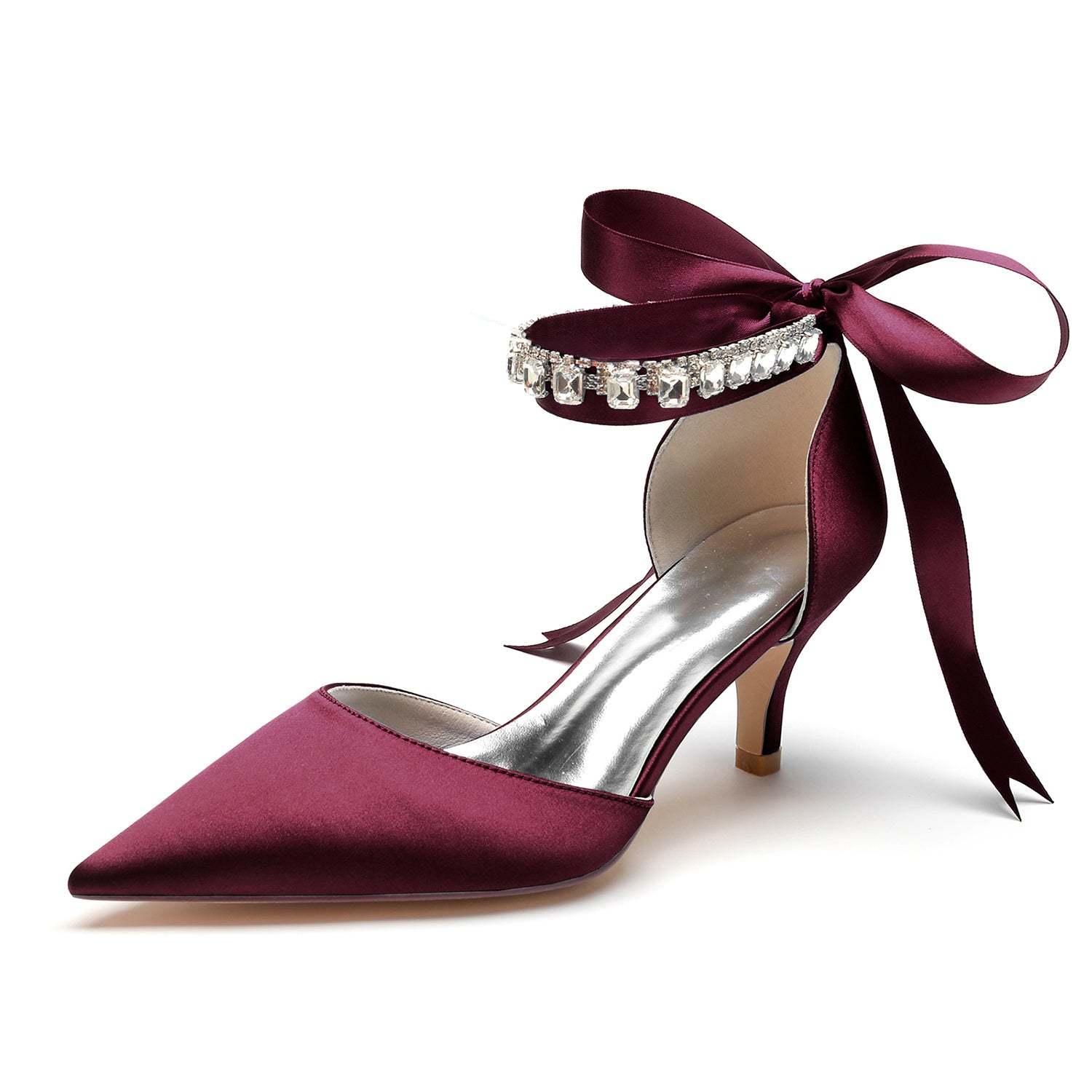 Bridal Shoes for Women with Rhinestone Bow Buckle Pointed Toe and Mid Heel