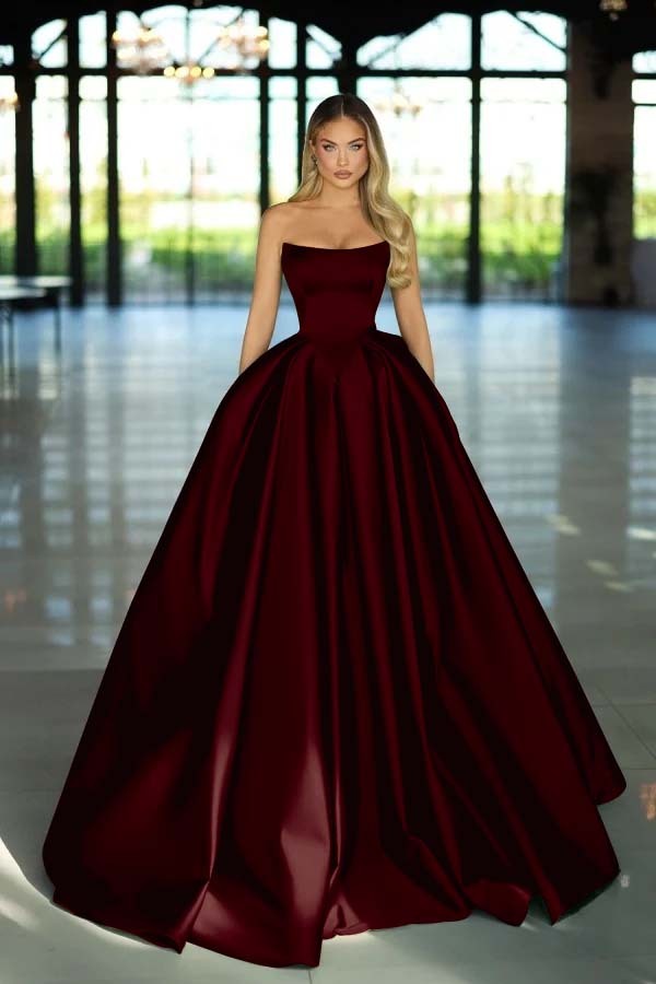 Strapless Sleeveless Long A Line Prom Dress With Pockets Pleated
