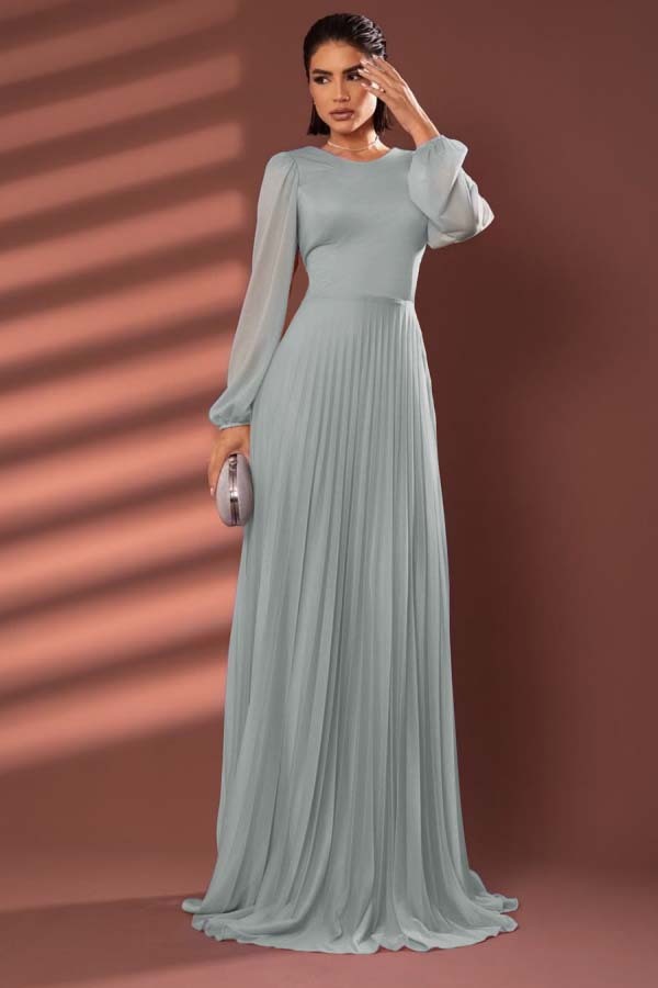 Chiffon Jewel Neck Long Sleeves Long Prom Dress With Pleated