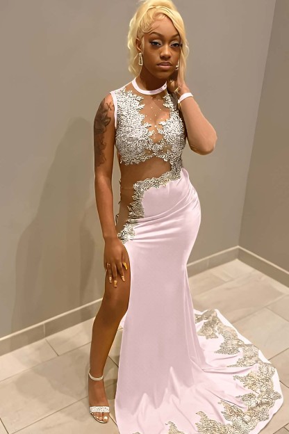 Sleeveless Jewel Neck Long Mermaid Prom Dress With Split Appliques