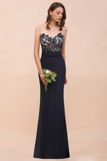 BMbridal Chic Mermaid Chiffon Lace Affordable Bridesmaid Dress with Spaghetti Straps-BMbridal