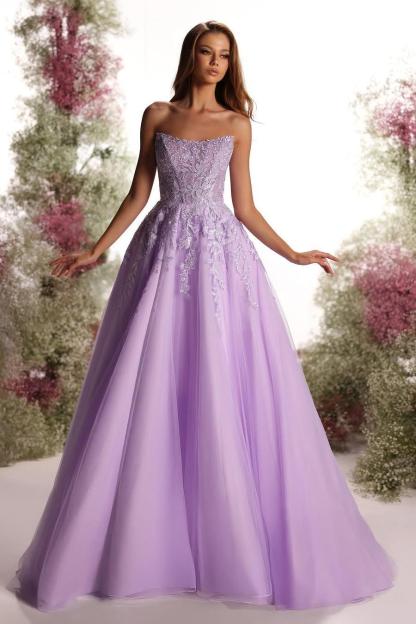 Tulle Strapless Sleeveless Long A Line Prom Dress With Appliques