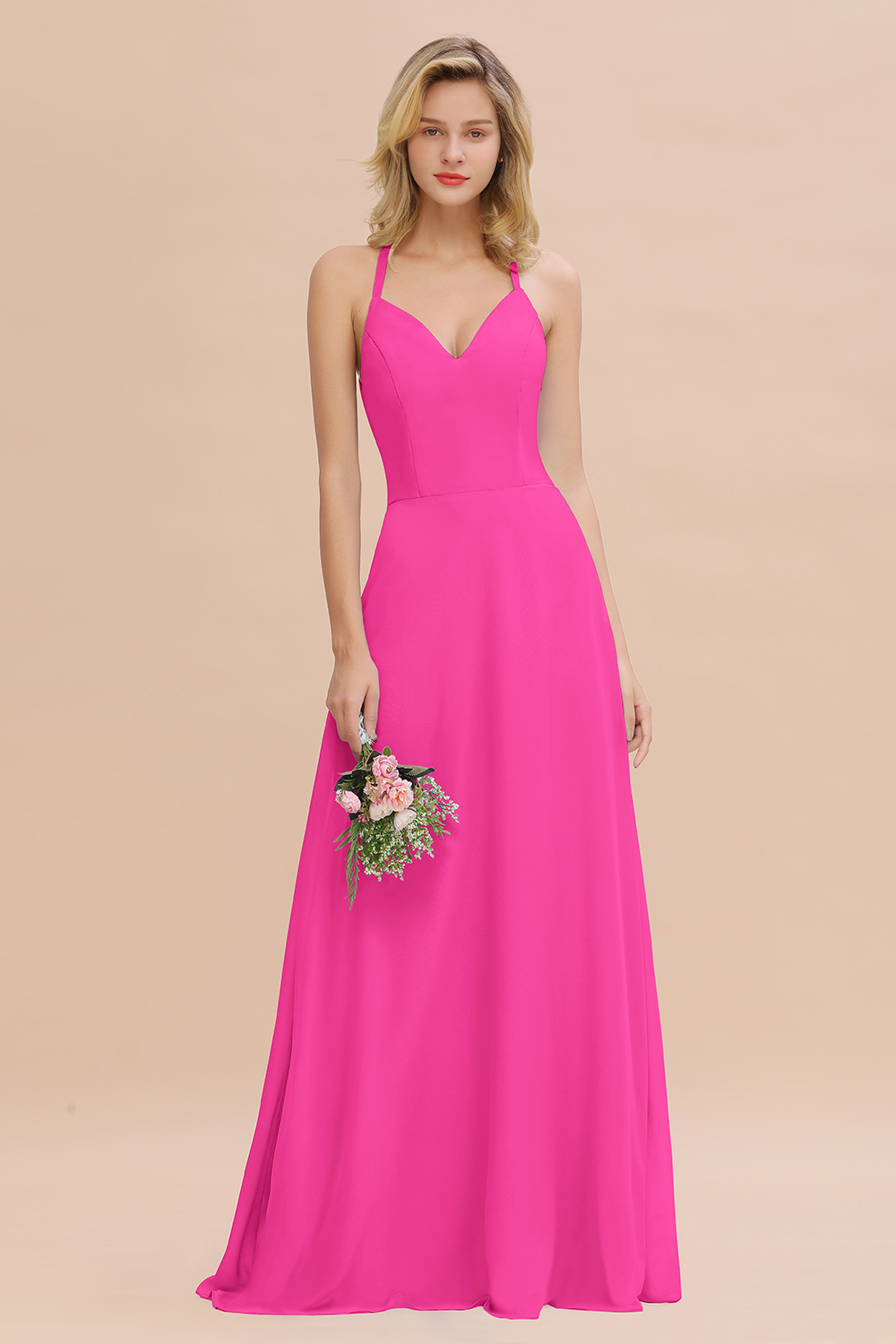BMbridal Modest Halter V-Neck Sleeveless Long Bridesmaid Dresses Online-BMbridal