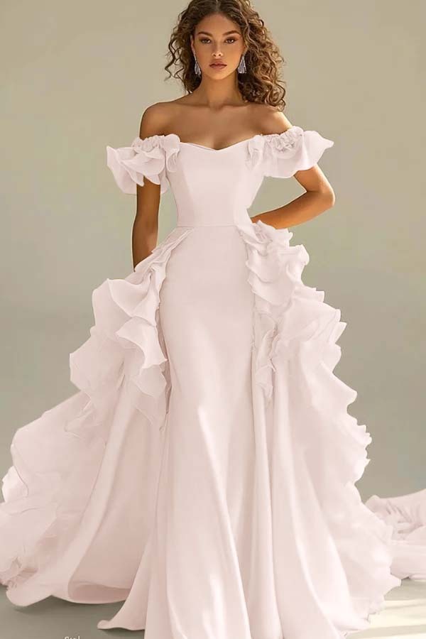 Off the Shoulder Sleeveless Long Mermaid Prom Dress With Ruffles