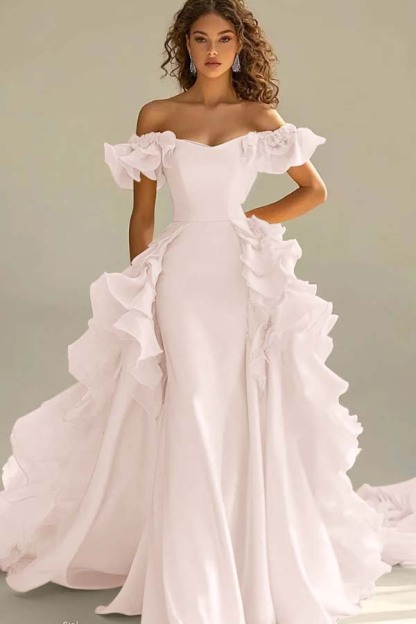 Off the Shoulder Sleeveless Long Mermaid Prom Dress With Ruffles