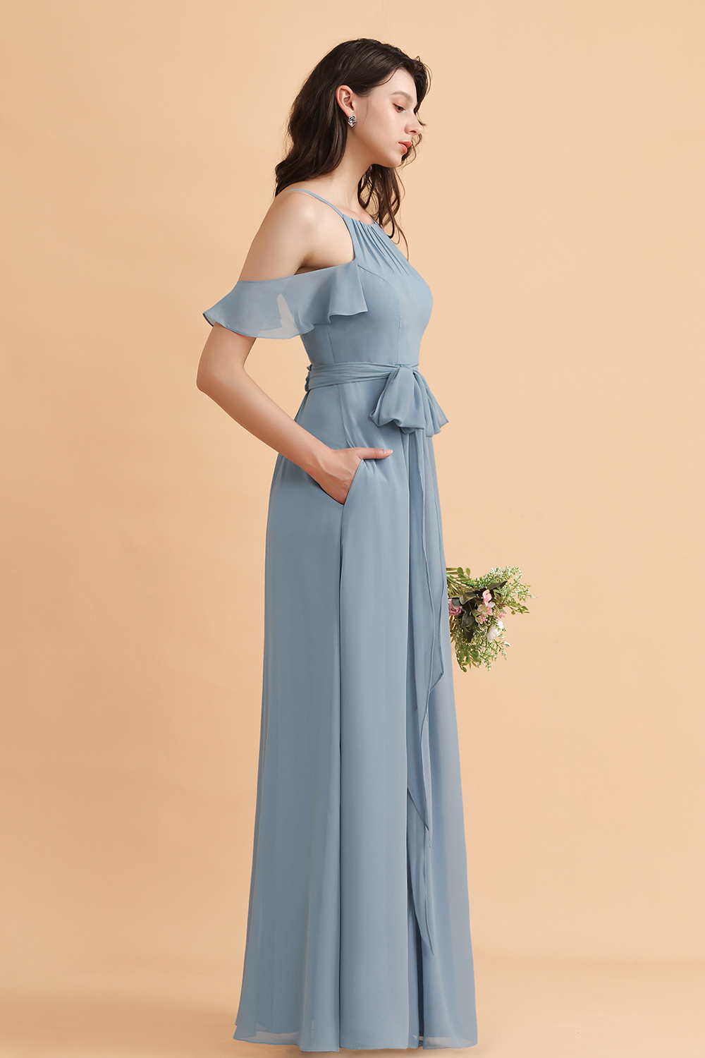 BMbridal Stylish Cold-Shoulder Ruffles Chiffon Bowknot Bridesmaid Dress with Pockets On Sale-BMbridal