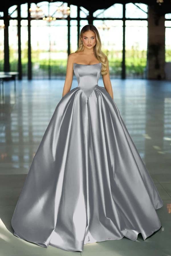 Strapless Sleeveless Long A Line Prom Dress With Pockets Pleated