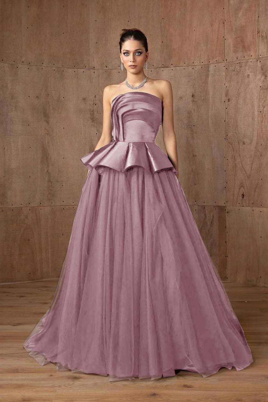 Tulle Strapless Sleeveless A Line Long Prom Dress With Ruffles