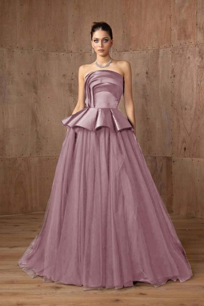 Tulle Strapless Sleeveless A Line Long Prom Dress With Ruffles