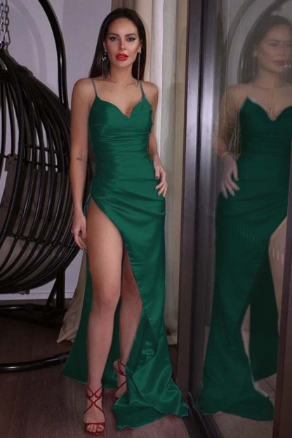 Spaghetti Strap Sleeveless Prom Dress With High Split Pleated