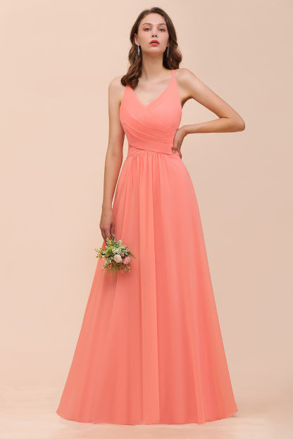 BMbridal Glamorous V-Neck Coral Chiffon Bridesmaid Dress Affordable with Ruffle-BMbridal