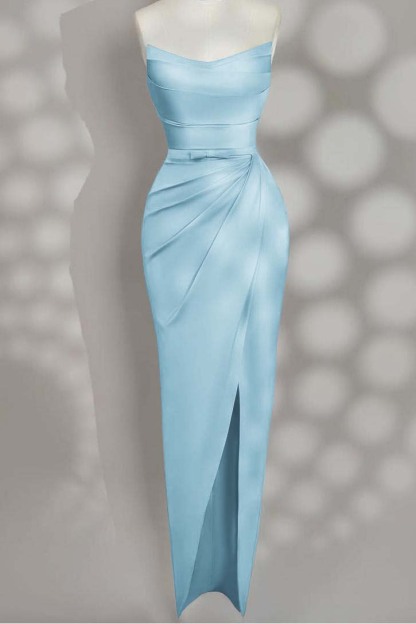 Strapless Sleeveless Long Split Prom Dress With Pleated Bowknot