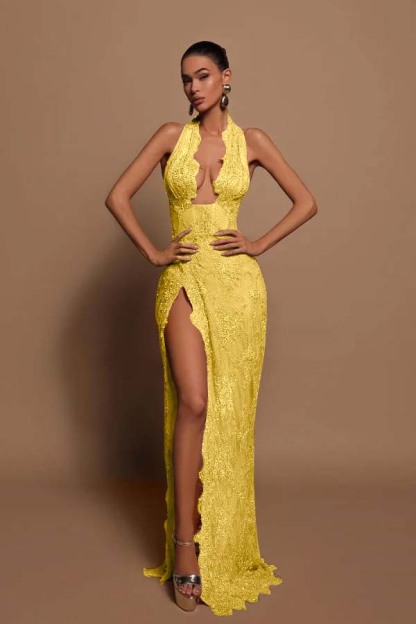 Halter Sleeveless Long Mermaid Prom Dress With Lace Appliques