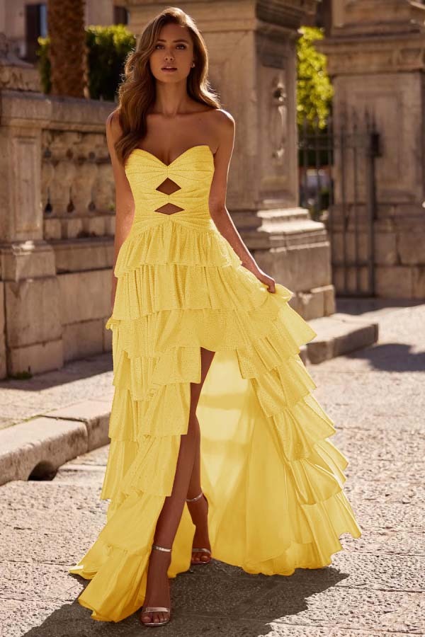 Strapless Sleeveless Long Split Prom Dress With Pleated Beading