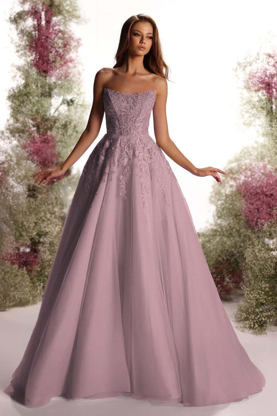 Tulle Strapless Sleeveless Long A Line Prom Dress With Appliques