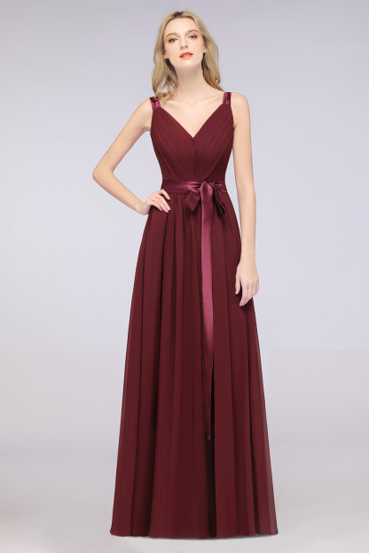 BMbridal Chic V-Neck Straps Ruffle Burgundy Bridesmaid Dresses with Bow Sash-BMbridal