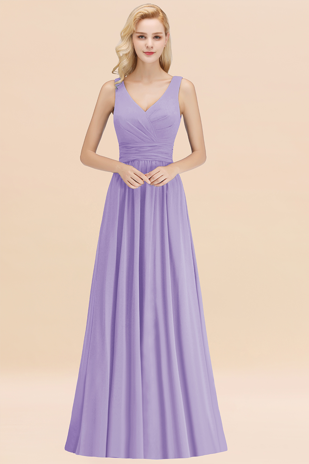 BMbridal Modest Sleeveless V-Neck Long Chiffon Bridesmaid Dress Online with Ruffle-BMbridal