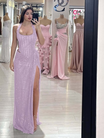 Sequins Halter Sleeveless Long Mermaid Prom Dress With Split