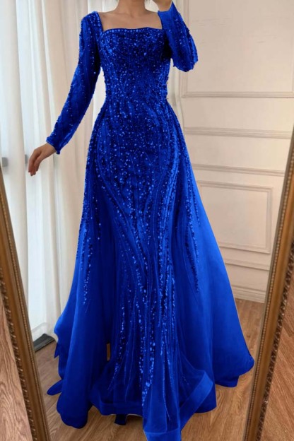Square Neck Long Sleeves Long Mermaid Prom Dress With Beading Tulle
