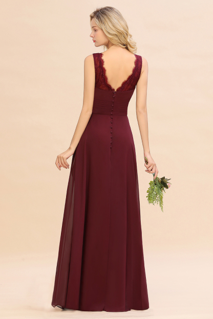 BMbridal Elegant Lace V-Neck Burgundy Chiffon Bridesmaid Dresses with Ruffle-BMbridal