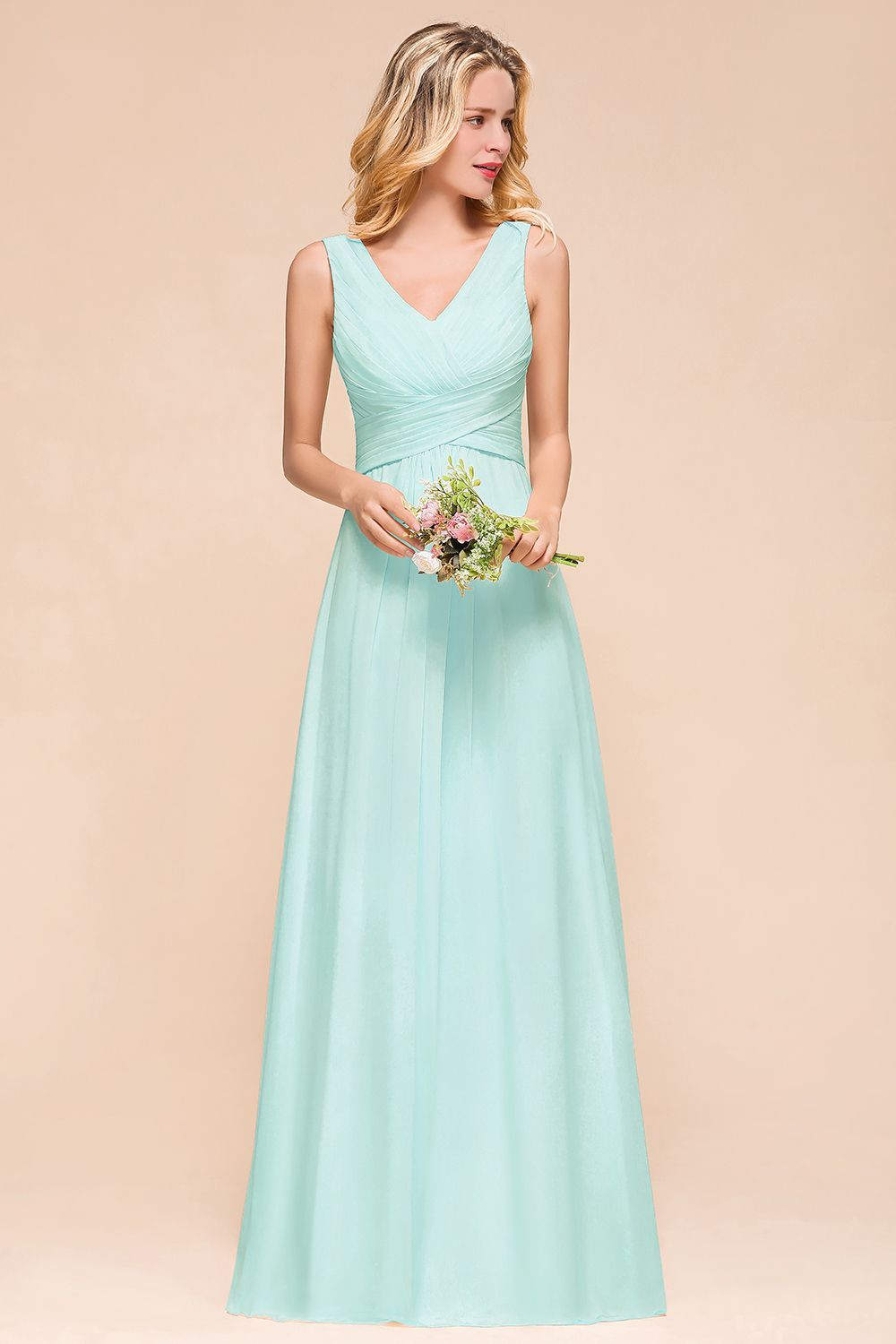 BMbridal Chic V-Neck Sleeveless Mint Green Bridesmaid Dresses with Ruffle-BMbridal