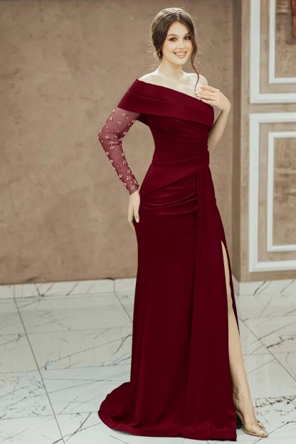 Red Beadings One Shoulder Pleated Prom Dress Split Mermaid With Long Sleeve