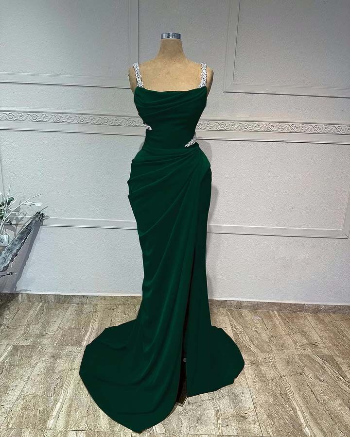 Straps Sleeveless Long Mermaid Prom Dress With Pleated Sequins