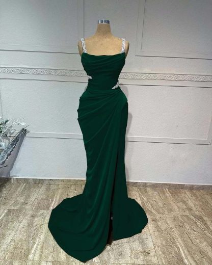 Straps Sleeveless Long Mermaid Prom Dress With Pleated Sequins