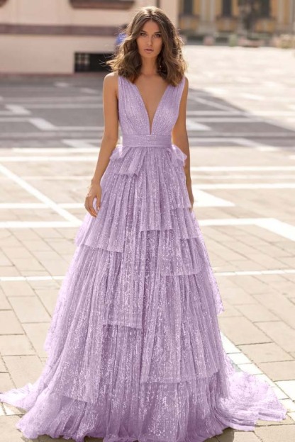 Tulle Straps V Neck Sleeveless Long Prom Dress With Sequin Pleated