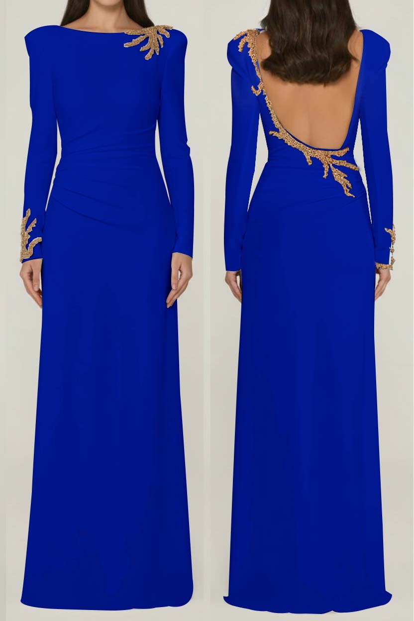 Long Sleeves Long Backless Prom Dress With Appliques Pleated