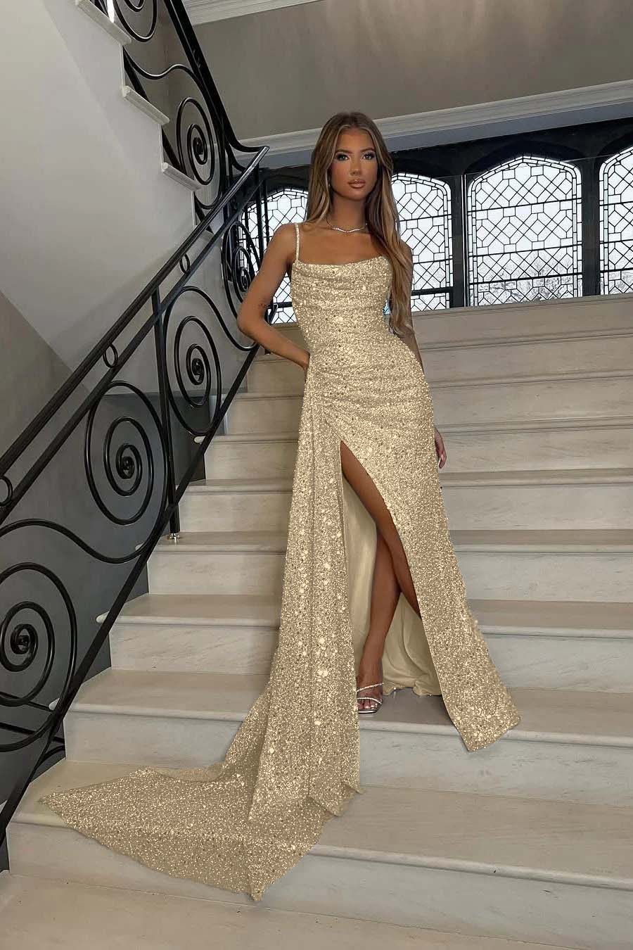 Sequins Spaghetti Strap Sleeveless Long Mermaid Prom Dress With Split