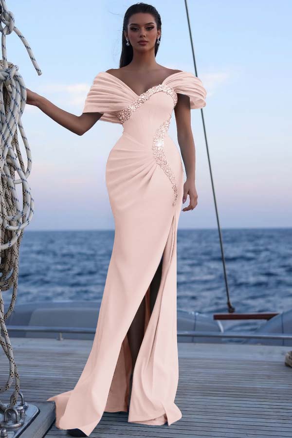 Off the Shoulder Sleeveless Long Mermaid Prom Dress With Sequins