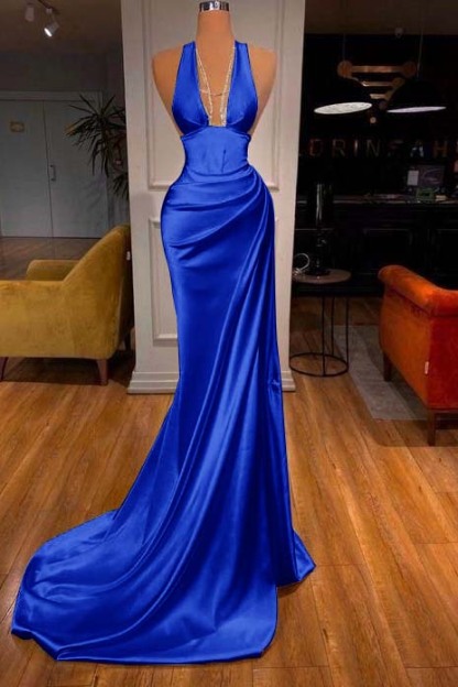 Halter Deep V Neck Sleeveless Mermaid Long Prom Dress Elegant With Ruffles