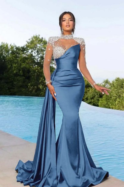 Bmbridal Black Long Sleeves Prom Dress Mermaid Crystal High Neck-BMbridal