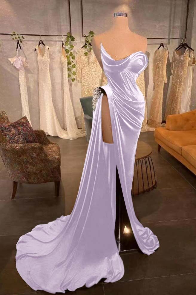 Strapless Sleeveless Long Prom Dress With High Split Pleated Beading