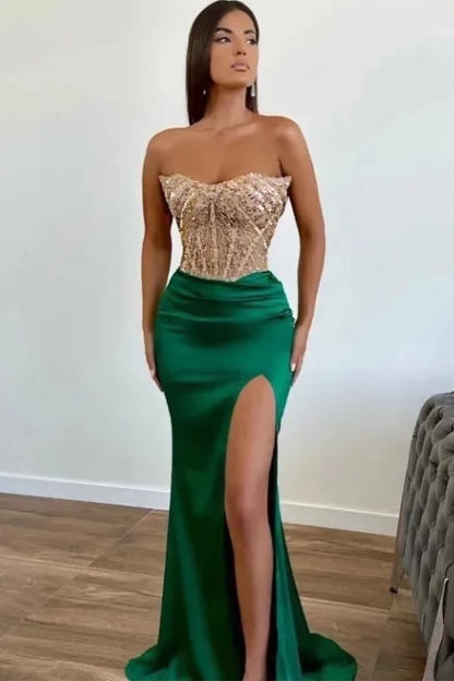 Green Appliques Beadings Mermaid Long Prom Dress Front Split With Strapless