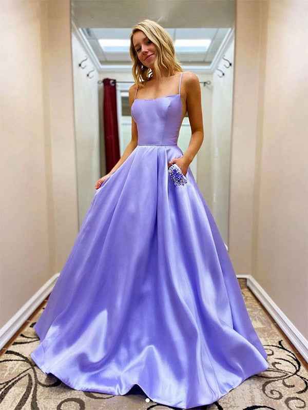 Purple A Line Spaghetti Straps Satin Long Prom Dress