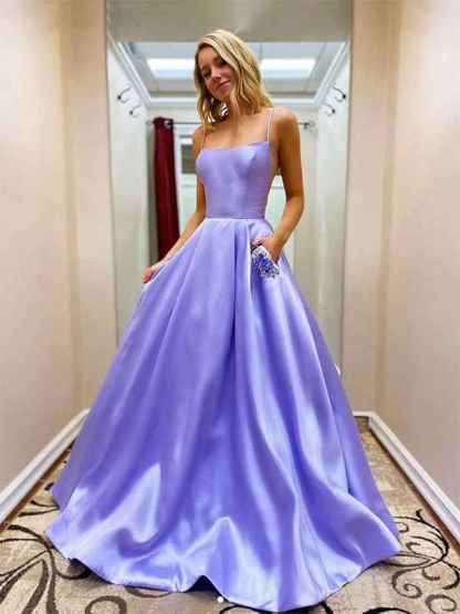 Purple A Line Spaghetti Straps Satin Long Prom Dress